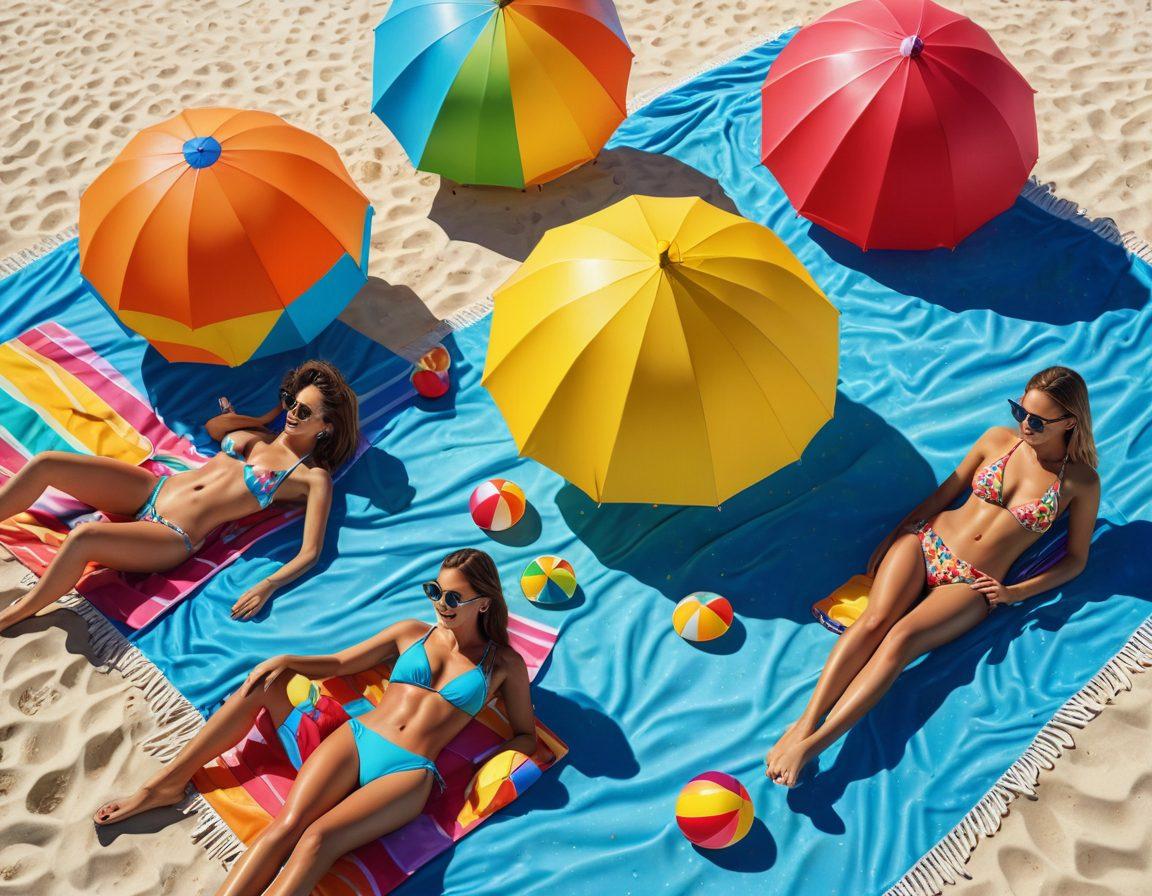 A lively beach scene filled with sun-soaked models showcasing various colorful bikini styles, lounging on vibrant beach towels, sunglasses perched on their heads, and enjoying refreshing drinks. In the background, a sparkling ocean under a clear blue sky, beach umbrellas, and playful beach balls. The atmosphere radiates fun and summer energy. super-realistic. vibrant colors. 3D.